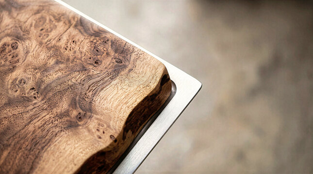Close-up macro view of natural burl wood slab with rich walnut brown grain patterns inset into polished metal frame. Organic swirl texture, luxury timber detail for carpentry and interior design