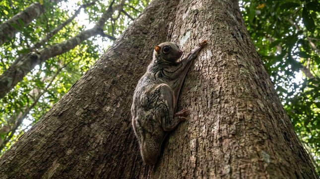 A Sunda colugo clinging vertically to a tropical tree trunk, photographed from below to reveal its distinctive camouflage and gliding membrane