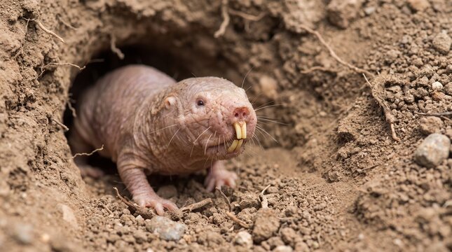 A naked mole-rat emerging from an underground tunnel, photographed at ground level with visible soil texture and its unique wrinkled skin.