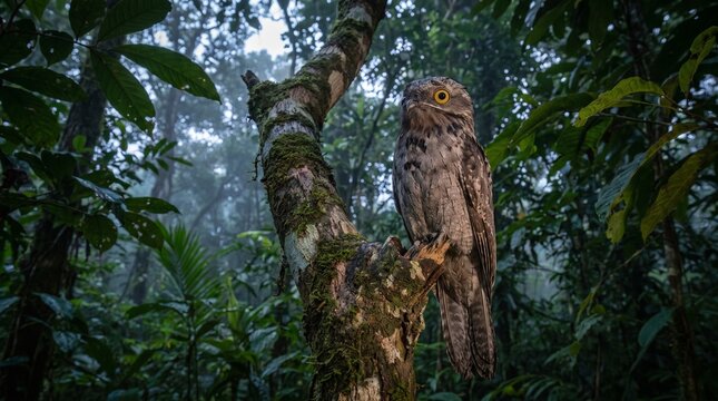 A potoo perched motionlessly on a weathered tree branch in a tropical forest, displaying its cryptic camouflage and large reflective eyes in soft evening light