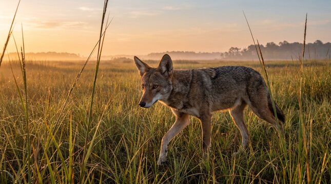 A rare red wolf moving through a coastal grassland habitat at sunrise, photographed from a distant environmental perspective emphasizing its endangered status and natural surroundings.