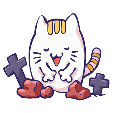 Cute white cartoon cat sitting happily among rocks and gravestones, hand-drawn kawaii style halloween element isolated on a white background for sticker designs, greeting cards, social media graphics.
