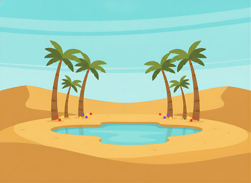 Desert oasis landscape with palm trees, water pond, and sand dunes cartoon vector illustration