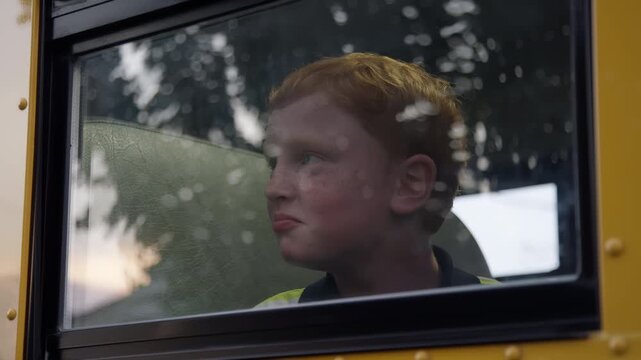 redhead kid looking out school bus window