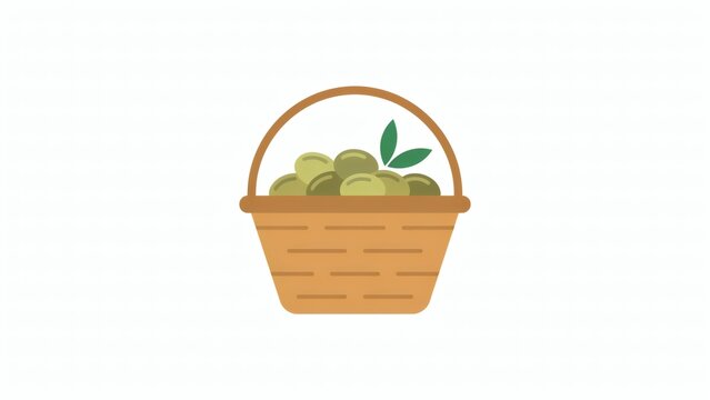 A basket filled with fresh green olives on a white background with basket with flat vector illustration woven basket