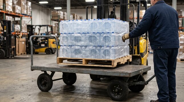 Warehouse worker moves pallet of bottled water on a cart with forklift in background