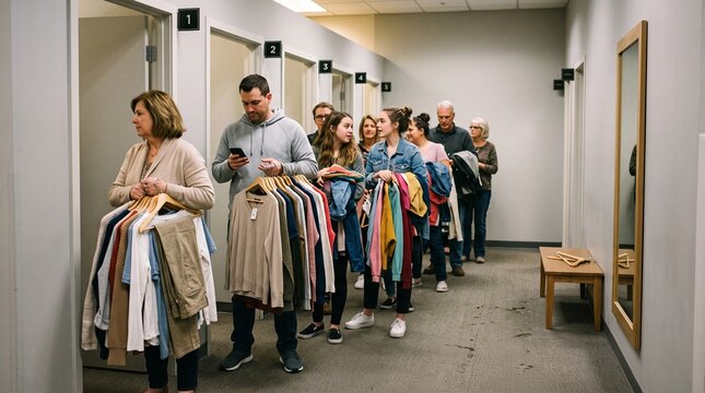 Diverse group of people of various ages and genders waiting in line for fitting rooms with clothes