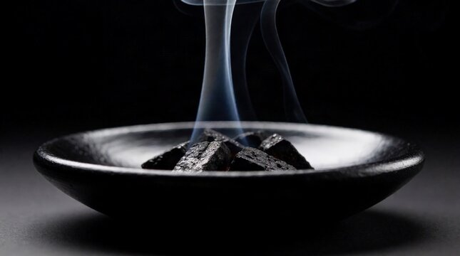 Black Clay Bowl with Burning Coals and Smoke
