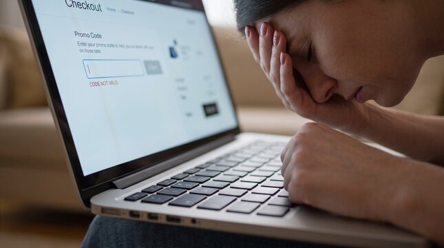 Frustrated woman with head in hands looking at laptop screen showing invalid promo code during online checkout