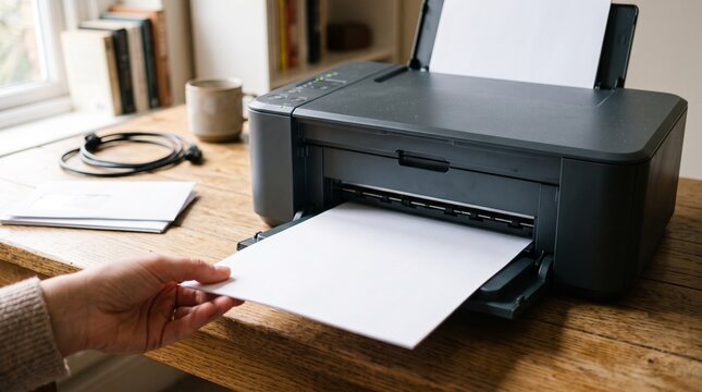 Close up of a person's hand feeding paper into a black inkjet printer on a wooden desk