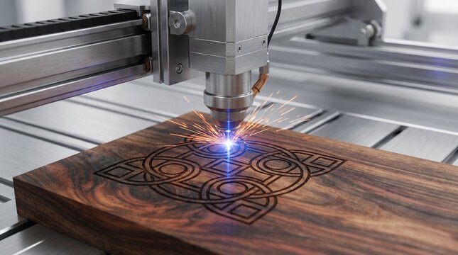 Laser engraving machine etching wood, Traditional geometric carving pattern close up, Modern automated carpentry workshop, Industrial design tech, Selective focus detail
