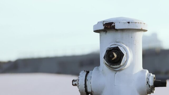 A white fire hydrant captures attention against a bright sky. Its paint shows signs of wear, hinting at years of service within the lively city. It stands ready for emergency response.