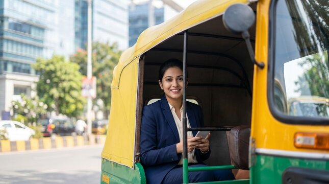 Smiling South Asian woman in tuk tuk, Female professional commuting to work, Urban public transportation lifestyle, Mobile phone user portrait, Copy space background