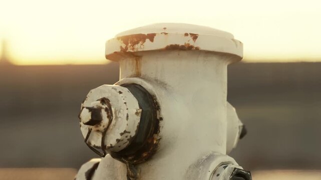 A weathered fire hydrant stands prominently as the sun sets, casting a golden glow. Its rusted surface and chipped paint tell stories of the years gone by.