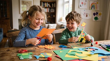 Obraz premium Joyful siblings engaged in creative paper craft activity at a wooden table, cutting and gluing colorful shapes