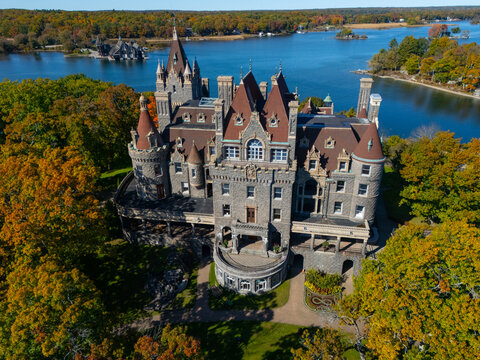 Boldt Castle on the St. Lawrence River in Alexandria Bay, New York. This stunning aerial view showcases Boldt Castle, a magnificent architectural gem located on Heart Island in Alexandria Bay, NY.
