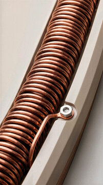 Tightly coiled copper wire spiral electrical component with metallic reflectance and silver hex nut fastener. Close-up vertical detail of electromagnetic inductor coil in industrial assembly