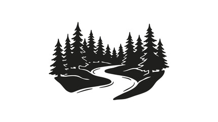 Black silhouette of coniferous forest and winding river on white background © Miss