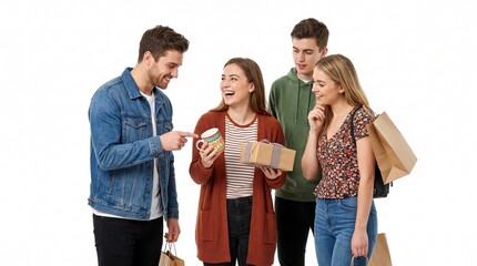 Obraz premium Friends sharing a gift and a mug with excitement and joy