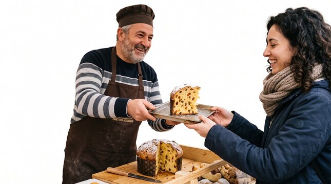 Baker offers slice of panettone to smiling customer at bakery stall