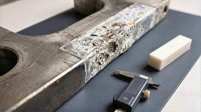 Corroded zinc coating with white rust on metal industrial component beside digital caliper measuring tool. Detail of surface oxidation, steel degradation test and quality inspection equipment