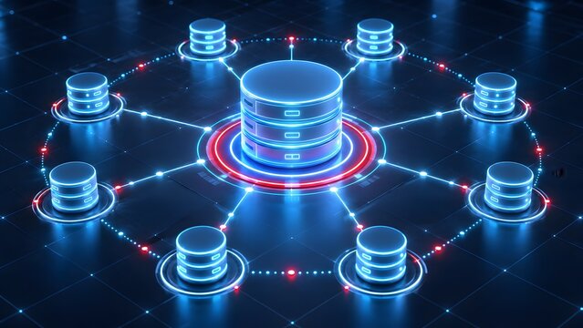 Glowing digital server hub connected to multiple database nodes representing distributed network infrastructure and secure cloud information storage