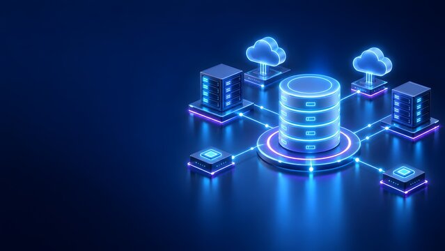 Glowing digital database storage server connected to cloud computing icons representing distributed network infrastructure and centralized data management system