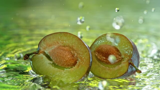 Super Slow Motion Shot of Plums Falling into Water and Making Splash at 1000fps.