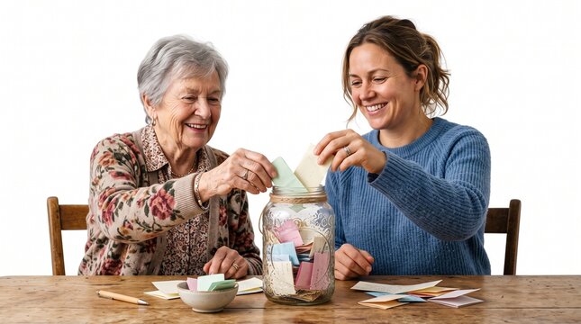 Grandmother and granddaughter share a happy moment putting notes into a jar