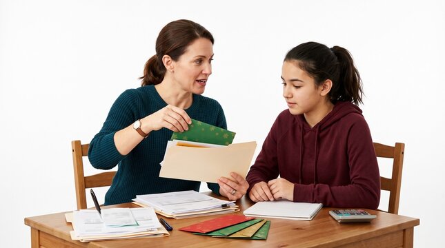 Mother and daughter organizing holiday cards and letters at a desk