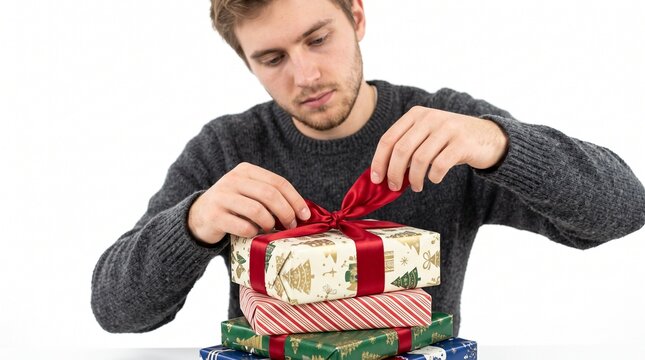 Young man tying a red ribbon on a stack of Christmas presents