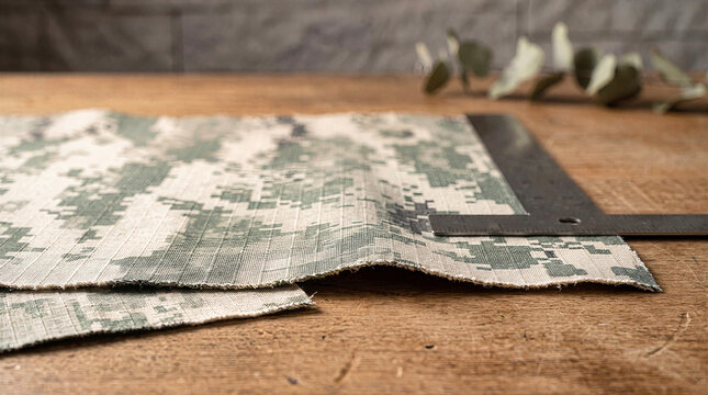 Green and grey digital camouflage fabric swatch lying on rustic wooden table with metal square ruler. Textile material sample with pixelated camo pattern for military clothing design and tailoring