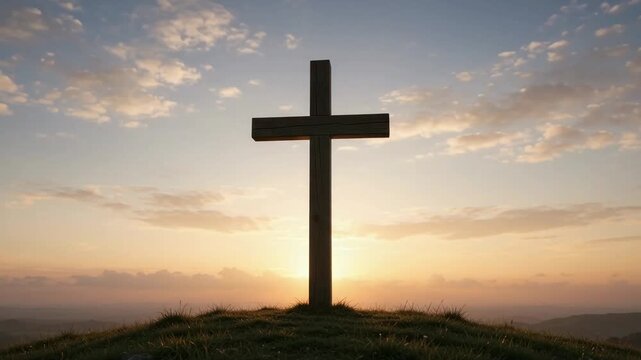 Silhouette of a large wooden christian cross standing on a grassy hill at sunset with a dramatic golden sky and soft clouds in the background.