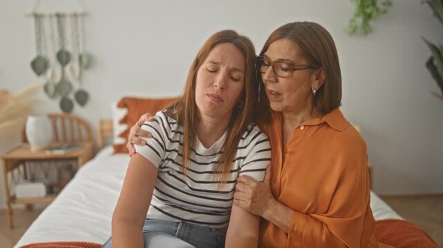 Woman mother and daughter sit on bed, daughter rests head on mother's shoulder while mother holds her arm in a home building; comfort support empathy.