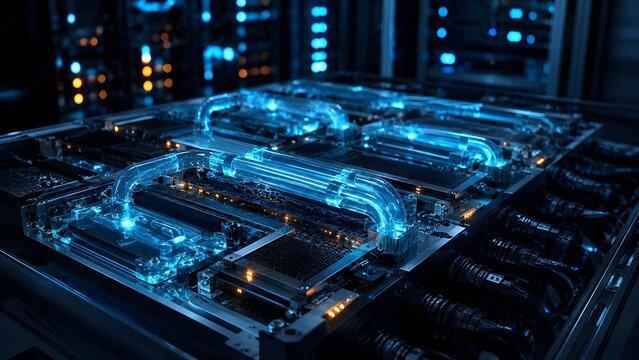 Macro shot of advanced liquid cooling system in a high performance computer server with glowing blue tubes representing futuristic hardware technology