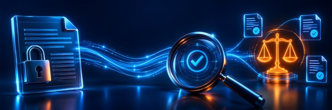 Digital magnifying glass inspecting secure encrypted documents and justice scales representing cyber law compliance and legal audit