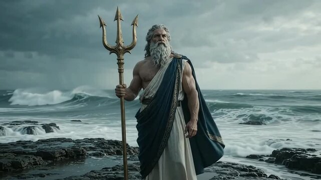 Poseidon the Greek god of the sea stands on a rocky shore holding a golden trident against a stormy ocean background, majestic mythological deity.