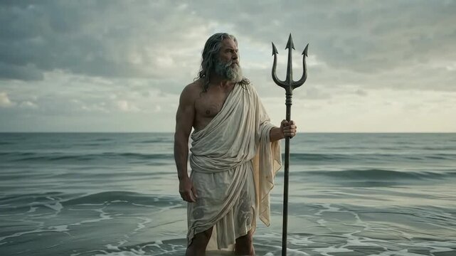 Cinematic Poseidon with trident standing in ocean waves. Mature man with long grey beard in white robe under dramatic cloudy sky.