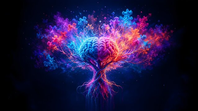 Glowing magical tree with a brain shaped canopy bursting with vibrant colorful leaves representing mental growth psychological evolution and creative blooming