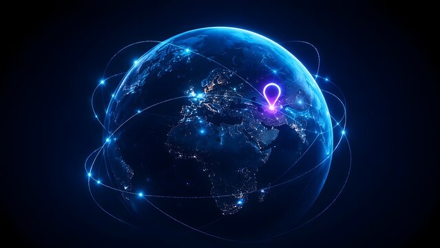 Glowing neon location pin on a digital earth globe surrounded by orbital network lines representing global positioning system worldwide logistics and international business