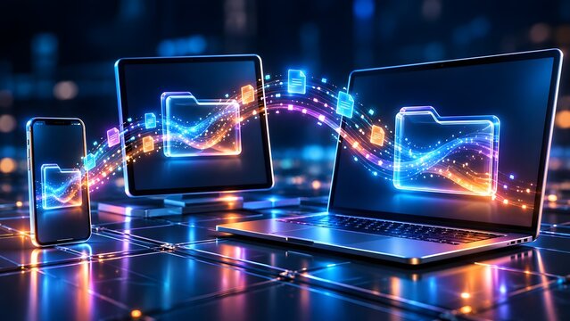 Glowing digital document folders transferring data streams between mobile phone and laptop computers visualizing high speed cloud synchronization and wireless file sharing