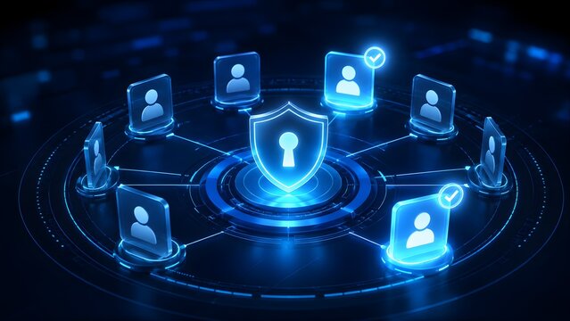 Glowing blue security shield surrounded by user profiles representing identity management network access control and corporate data protection
