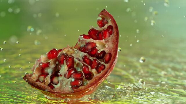 Super Slow Motion Shot of Pomegranate Falling into Water and Making Splash at 1000fps.
