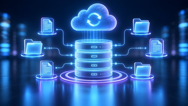 Glowing central database server connected to floating digital document folders and cloud icon illustrating network synchronization and cloud storage computing