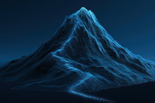 Digital mountain landscape glowing with blue light, representing a journey of discovery or technological advancement on dark background.