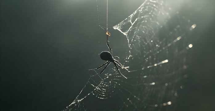 Close-up of black arachnid on dew-covered cobweb in dark moody atmosphere, Halloween horror theme decoration, spooky haunted forest aesthetic