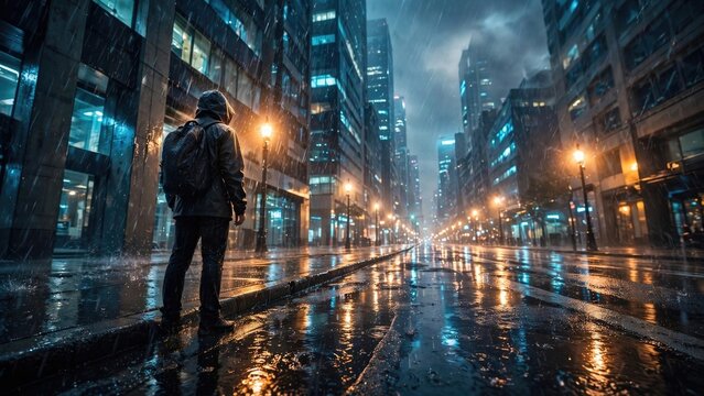 Moody Rainy Cityscape Street Reflecting Neon Lights at Night