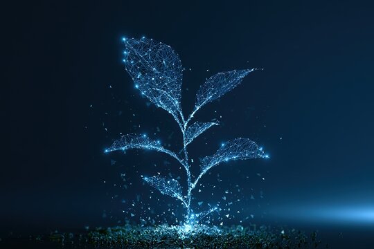 Glowing blue digital sprout wireframe emerging from earth particles representing sustainable growth and environment tech.