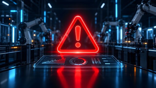 Glowing red warning exclamation sign on a digital control panel inside an automated factory floor representing industrial hazard and safety alert
