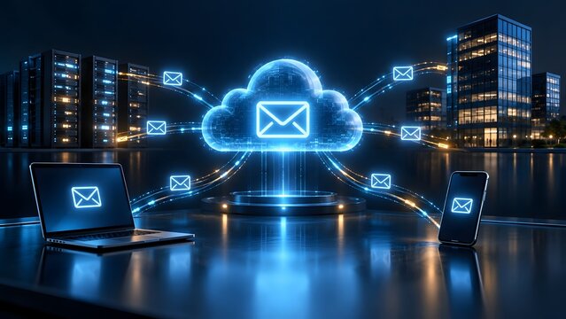 Glowing digital cloud computing icon transmitting email envelopes to laptops and smartphones representing global online communication and business messaging